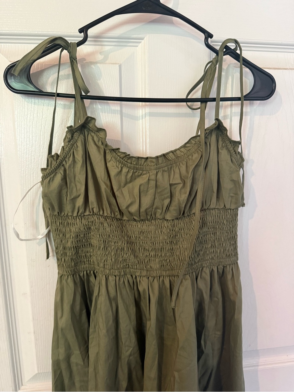 Olive Green Smocked Cotton Dress with Tie Straps